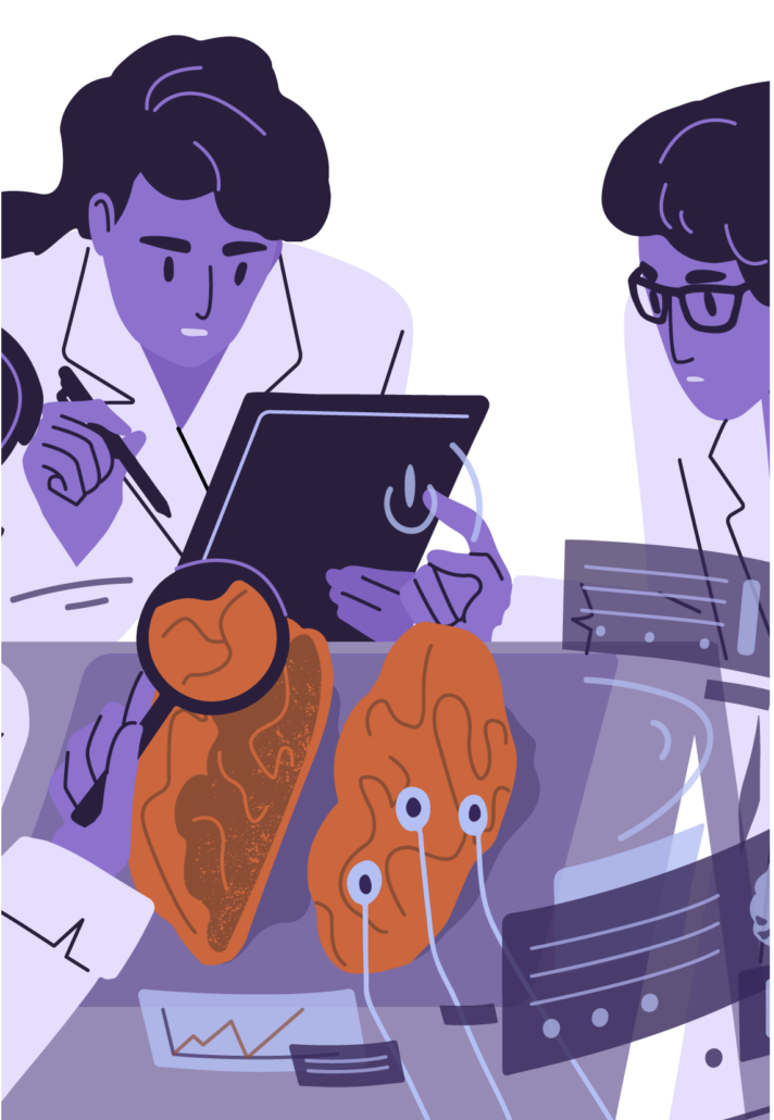 Immagine illustrata di studenti e docenti al lavoro in laboratorio biomedicale - formazione tecnica avanzata ITS